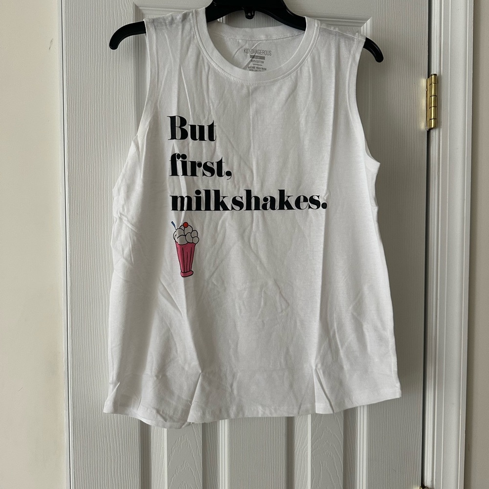 NEW KID DANGEROUS Cotton Tank LARGE White But First Milkshakes Graphic